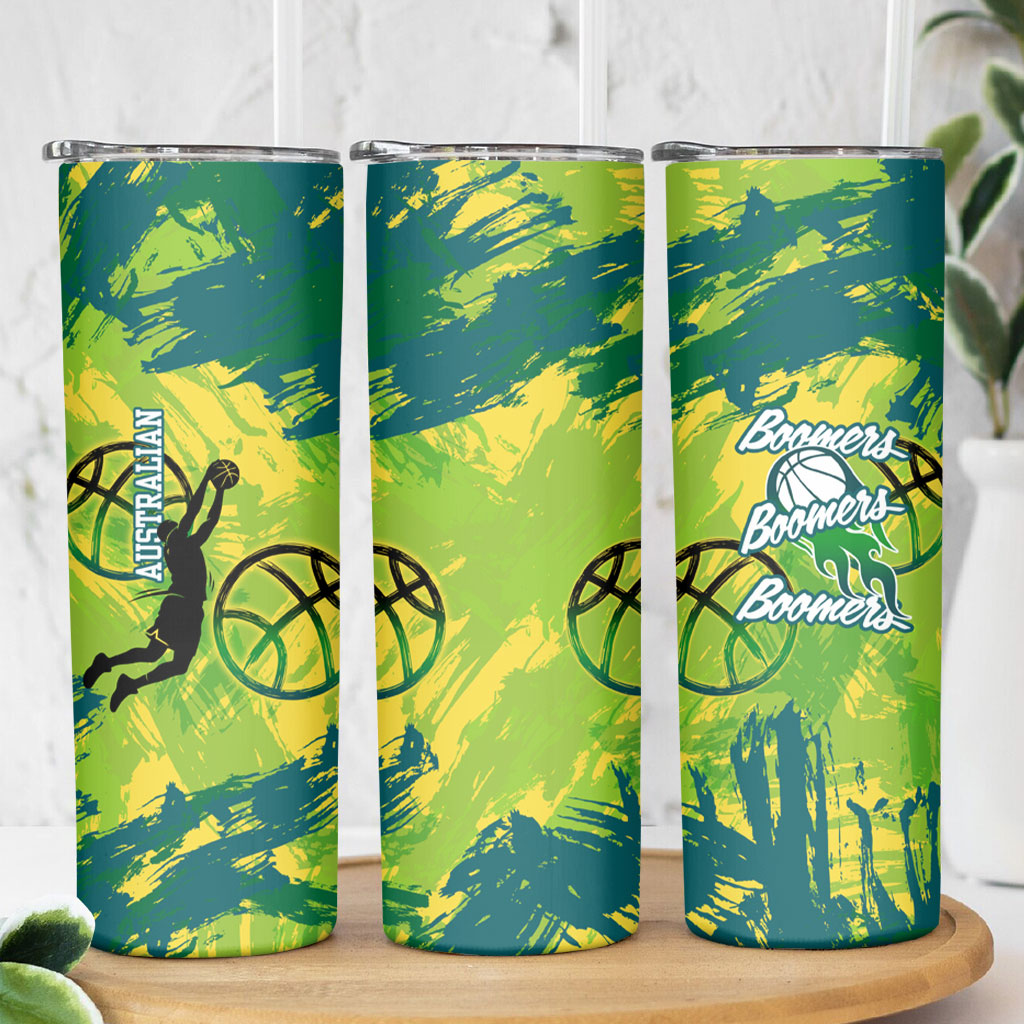 Australian Boomers Basketball Skinny Tumbler Shattered Glass Effect With Flaming Ball And Grunge Brushstrokes