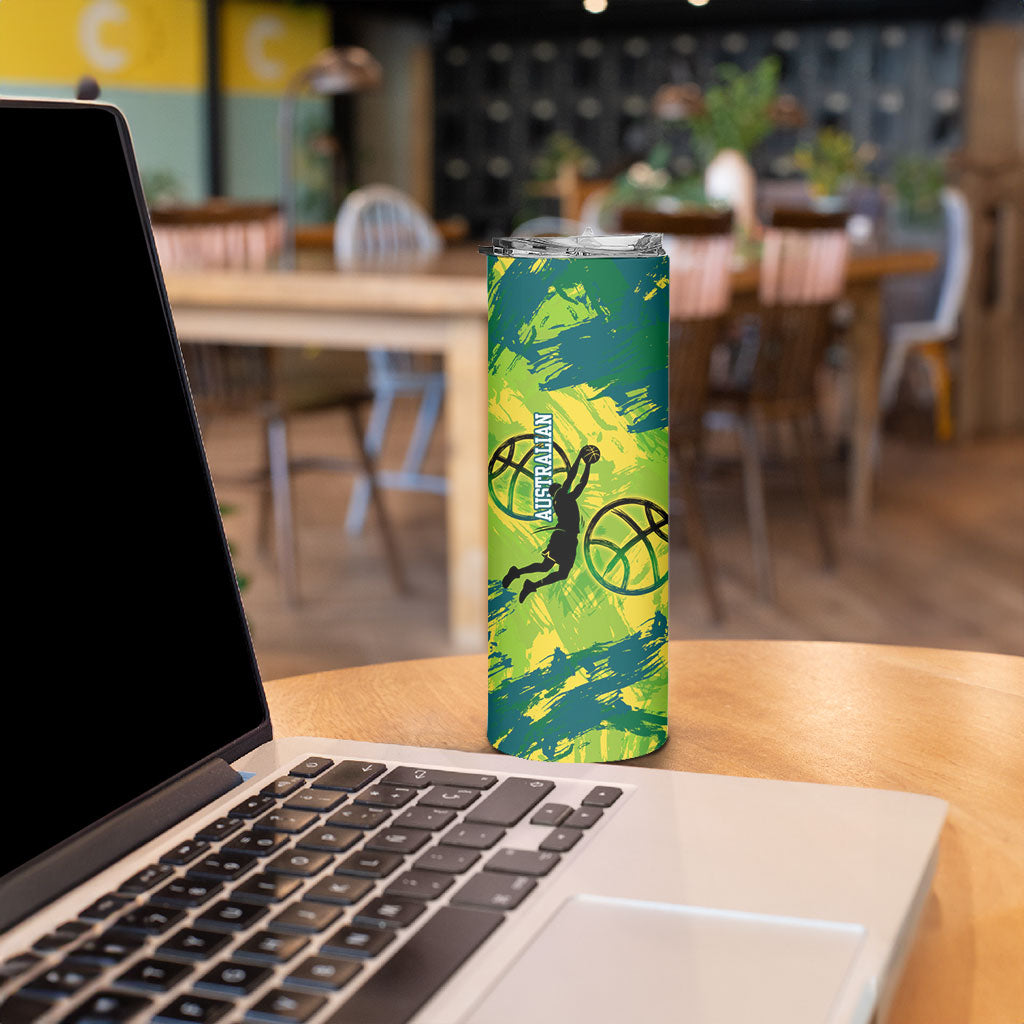 Australian Boomers Basketball Skinny Tumbler Shattered Glass Effect With Flaming Ball And Grunge Brushstrokes