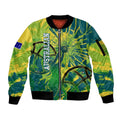 Australian Boomers Basketball Sleeve Zip Bomber Jacket Shattered Glass Effect With Flaming Ball And Grunge Brushstrokes