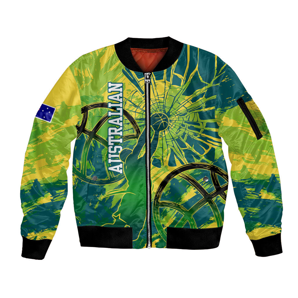 Australian Boomers Basketball Sleeve Zip Bomber Jacket Shattered Glass Effect With Flaming Ball And Grunge Brushstrokes