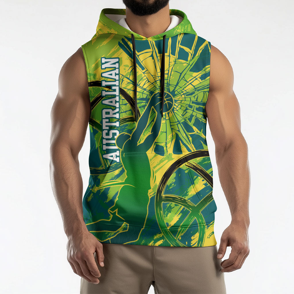 Australian Boomers Basketball Sleeveless Hoodie Shattered Glass Effect With Flaming Ball And Grunge Brushstrokes