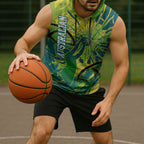 Australian Boomers Basketball Sleeveless Hoodie Shattered Glass Effect With Flaming Ball And Grunge Brushstrokes