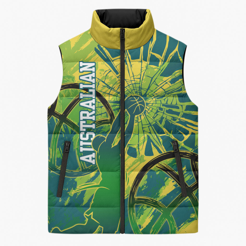 Australian Boomers Basketball Sleeveless Puffer Jacket Shattered Glass Effect With Flaming Ball And Grunge Brushstrokes