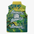 Australian Boomers Basketball Sleeveless Puffer Jacket Shattered Glass Effect With Flaming Ball And Grunge Brushstrokes
