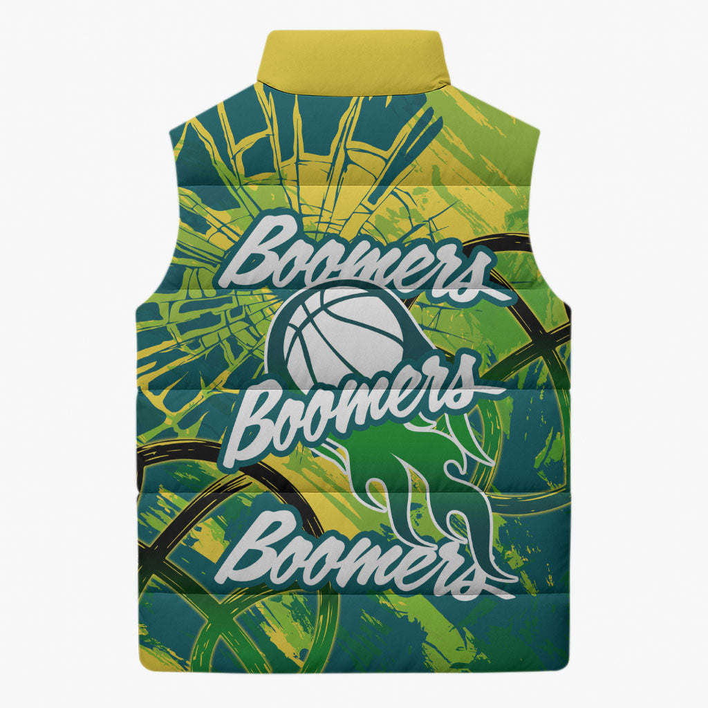 Australian Boomers Basketball Sleeveless Puffer Jacket Shattered Glass Effect With Flaming Ball And Grunge Brushstrokes