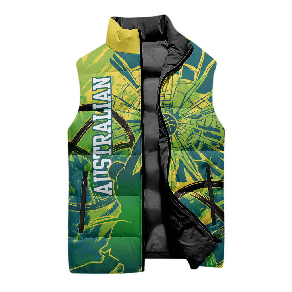 Australian Boomers Basketball Sleeveless Puffer Jacket Shattered Glass Effect With Flaming Ball And Grunge Brushstrokes