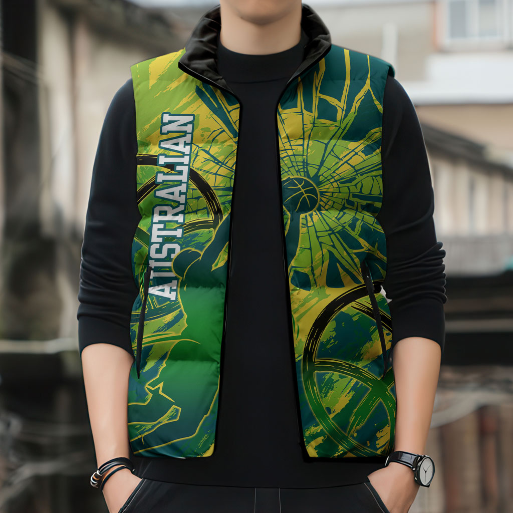 Australian Boomers Basketball Sleeveless Puffer Jacket Shattered Glass Effect With Flaming Ball And Grunge Brushstrokes