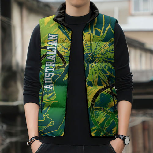 Australian Boomers Basketball Sleeveless Puffer Jacket Shattered Glass Effect With Flaming Ball And Grunge Brushstrokes