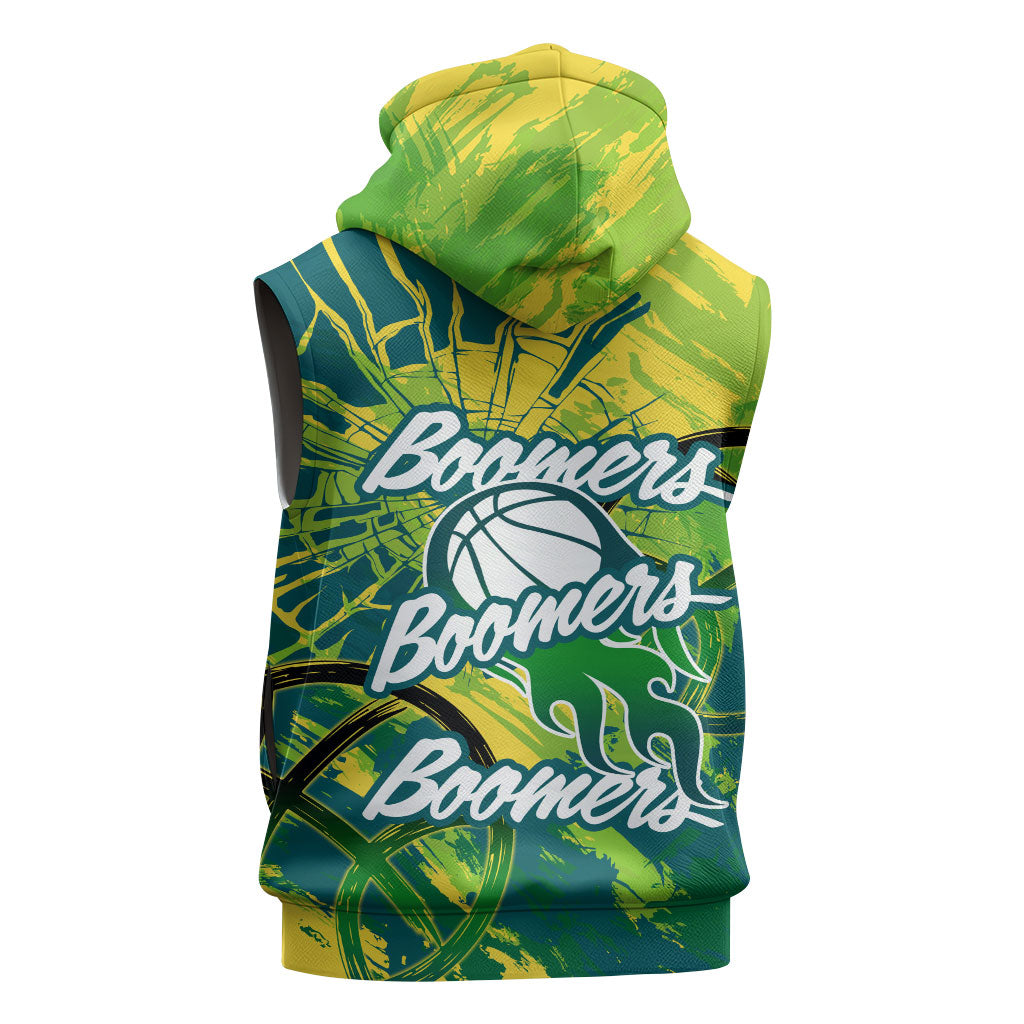 Australian Boomers Basketball Sleeveless Zip Hoodie Shattered Glass Effect With Flaming Ball And Grunge Brushstrokes
