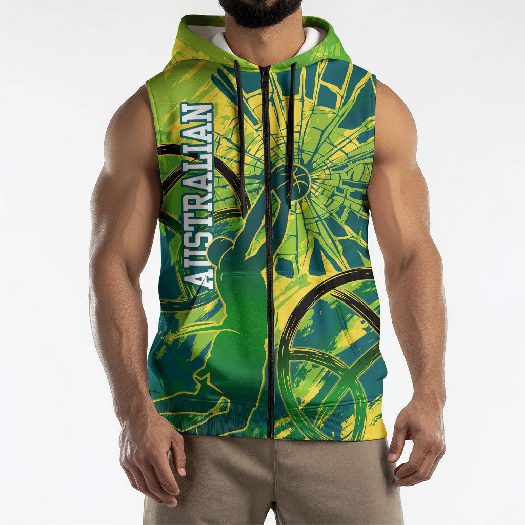 Australian Boomers Basketball Sleeveless Zip Hoodie Shattered Glass Effect With Flaming Ball And Grunge Brushstrokes