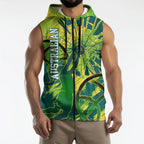Australian Boomers Basketball Sleeveless Zip Hoodie Shattered Glass Effect With Flaming Ball And Grunge Brushstrokes