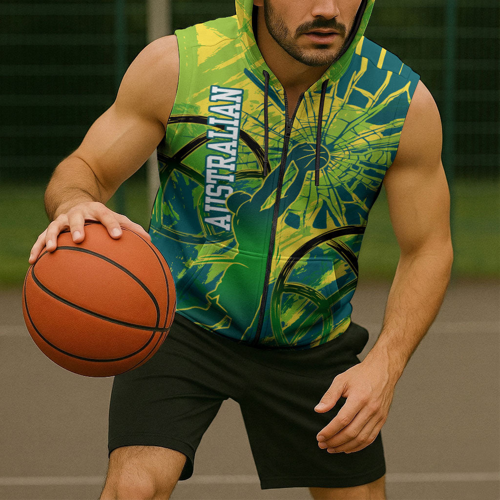 Australian Boomers Basketball Sleeveless Zip Hoodie Shattered Glass Effect With Flaming Ball And Grunge Brushstrokes