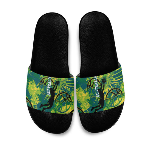 Australian Boomers Basketball Slide Sandals Shattered Glass Effect With Flaming Ball And Grunge Brushstrokes