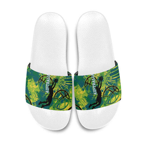 Australian Boomers Basketball Slide Sandals Shattered Glass Effect With Flaming Ball And Grunge Brushstrokes