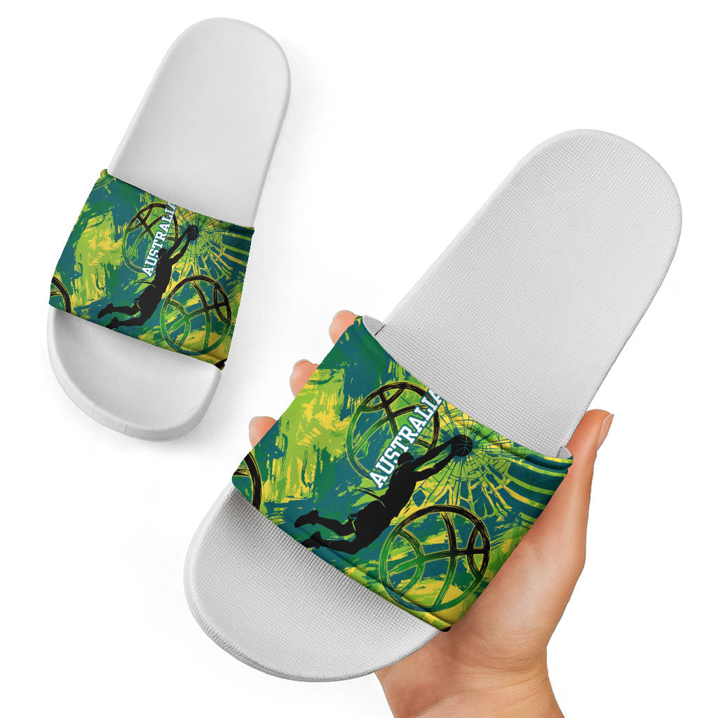 Australian Boomers Basketball Slide Sandals Shattered Glass Effect With Flaming Ball And Grunge Brushstrokes