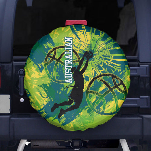 Australian Boomers Basketball Spare Tire Cover Shattered Glass Effect With Flaming Ball And Grunge Brushstrokes