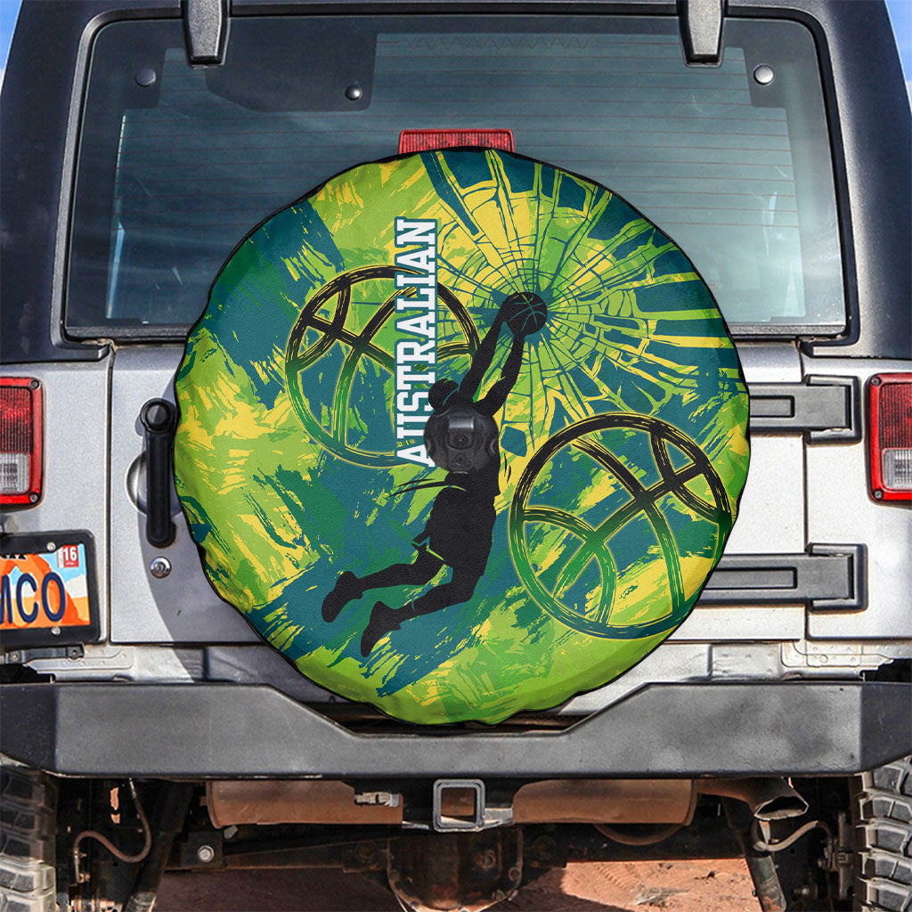 Australian Boomers Basketball Spare Tire Cover Shattered Glass Effect With Flaming Ball And Grunge Brushstrokes