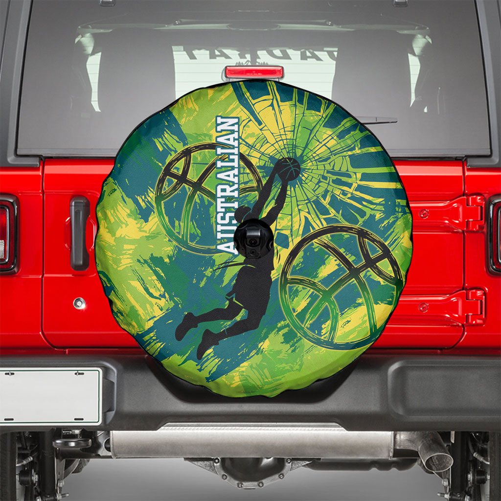 Australian Boomers Basketball Spare Tire Cover Shattered Glass Effect With Flaming Ball And Grunge Brushstrokes