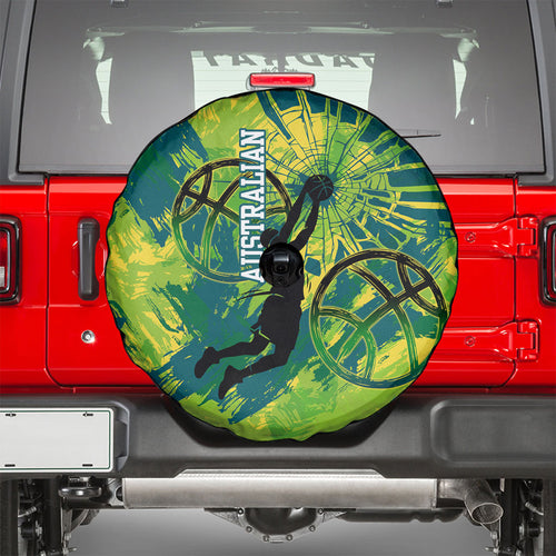 Australian Boomers Basketball Spare Tire Cover Shattered Glass Effect With Flaming Ball And Grunge Brushstrokes