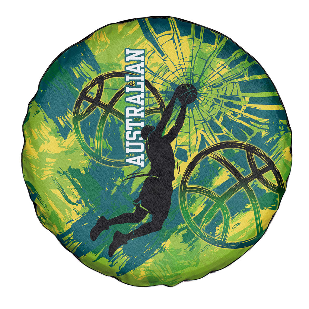 Australian Boomers Basketball Spare Tire Cover Shattered Glass Effect With Flaming Ball And Grunge Brushstrokes