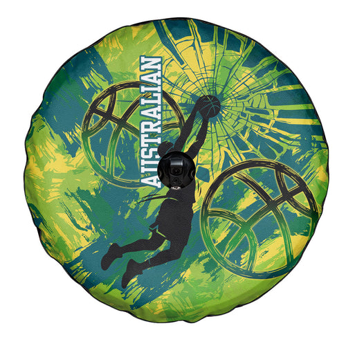 Australian Boomers Basketball Spare Tire Cover Shattered Glass Effect With Flaming Ball And Grunge Brushstrokes