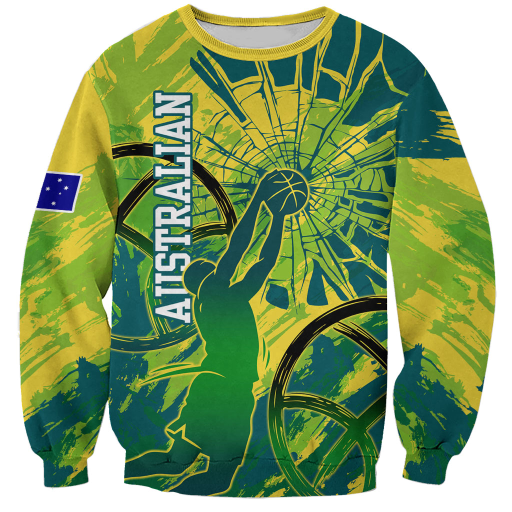 Australian Boomers Basketball Sweatshirt Shattered Glass Effect With Flaming Ball And Grunge Brushstrokes