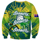Australian Boomers Basketball Sweatshirt Shattered Glass Effect With Flaming Ball And Grunge Brushstrokes