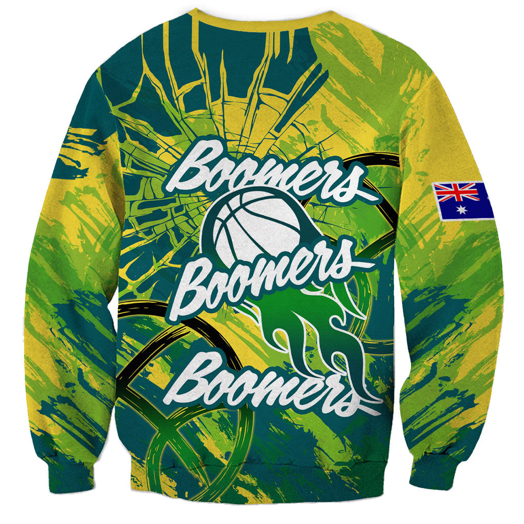 Australian Boomers Basketball Sweatshirt Shattered Glass Effect With Flaming Ball And Grunge Brushstrokes