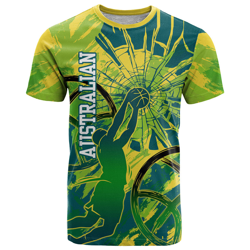 Australian Boomers Basketball T Shirt Shattered Glass Effect With Flaming Ball And Grunge Brushstrokes
