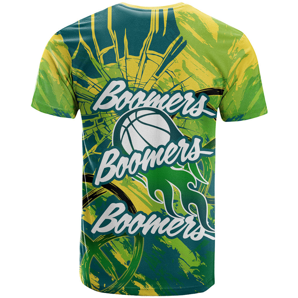 Australian Boomers Basketball T Shirt Shattered Glass Effect With Flaming Ball And Grunge Brushstrokes
