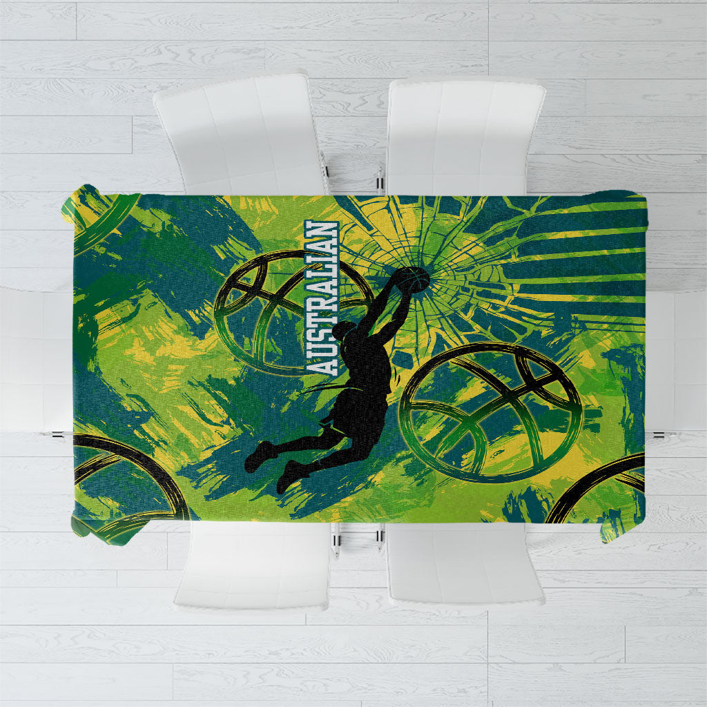 Australian Boomers Basketball Tablecloth Shattered Glass Effect With Flaming Ball And Grunge Brushstrokes