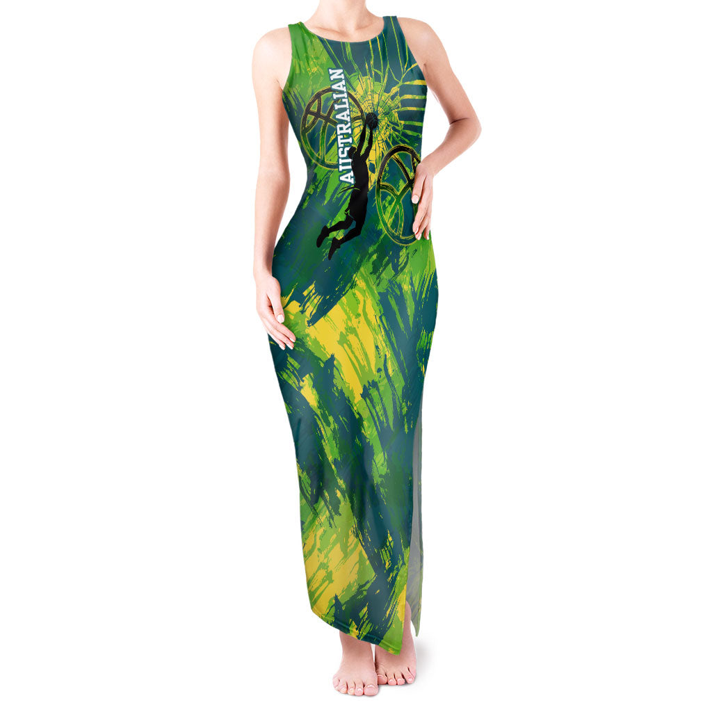 Australian Boomers Basketball Tank Maxi Dress Shattered Glass Effect With Flaming Ball And Grunge Brushstrokes
