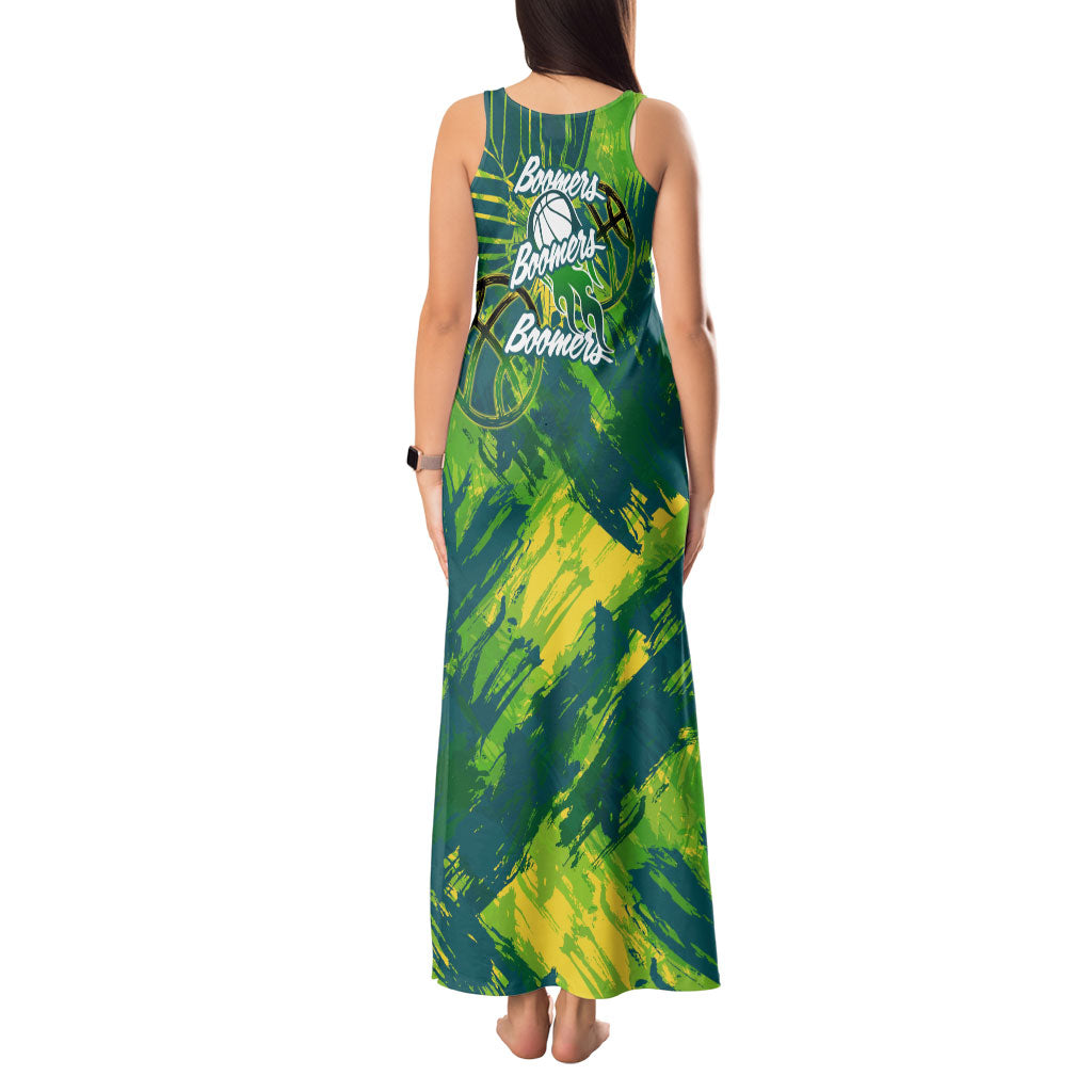 Australian Boomers Basketball Tank Maxi Dress Shattered Glass Effect With Flaming Ball And Grunge Brushstrokes