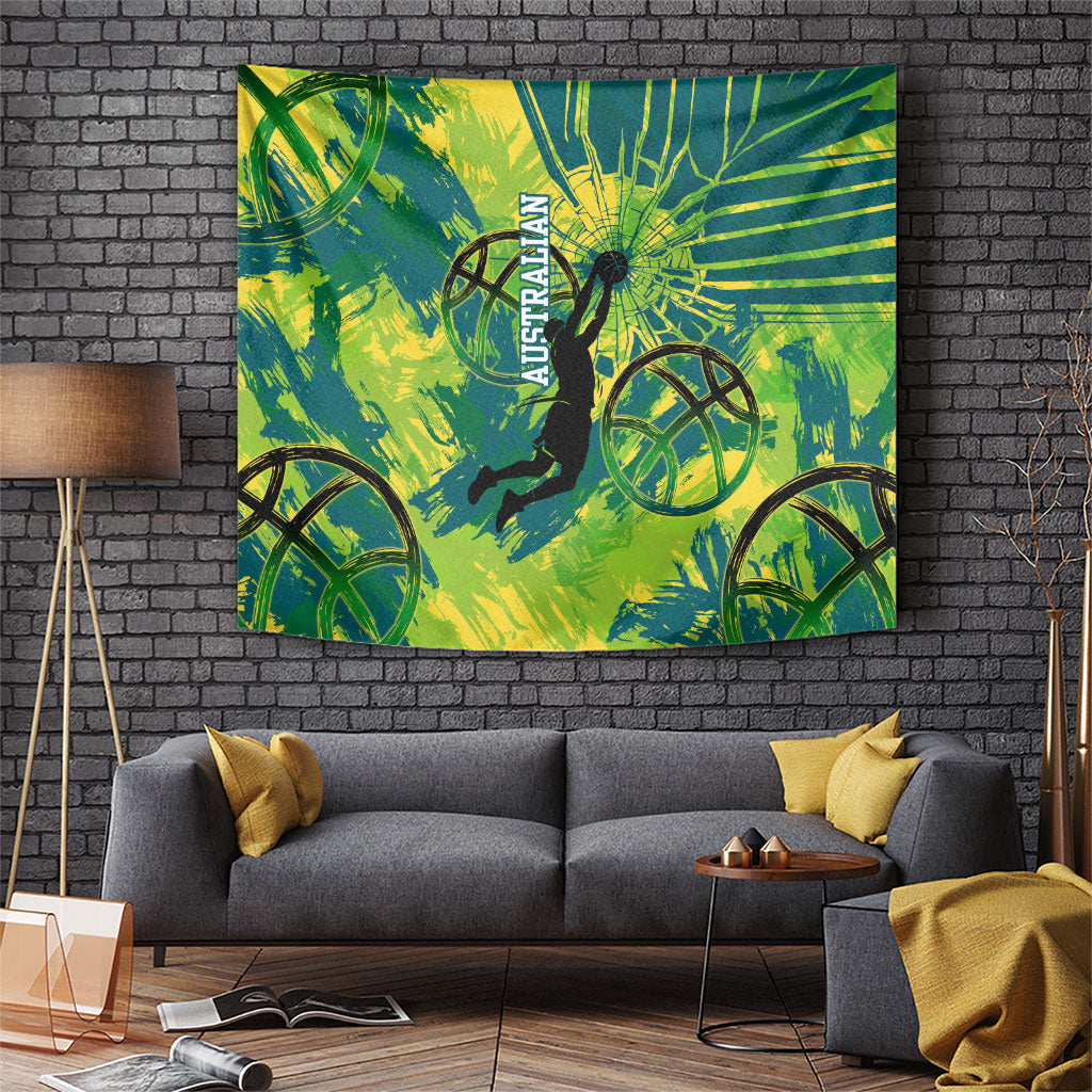 Australian Boomers Basketball Tapestry Shattered Glass Effect With Flaming Ball And Grunge Brushstrokes