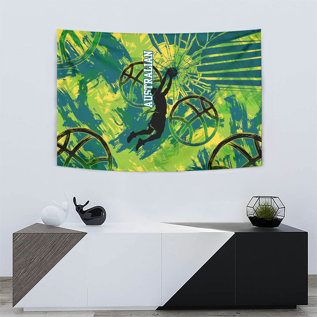 Australian Boomers Basketball Tapestry Shattered Glass Effect With Flaming Ball And Grunge Brushstrokes