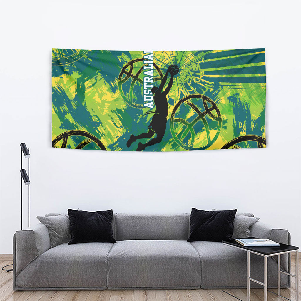 Australian Boomers Basketball Tapestry Shattered Glass Effect With Flaming Ball And Grunge Brushstrokes