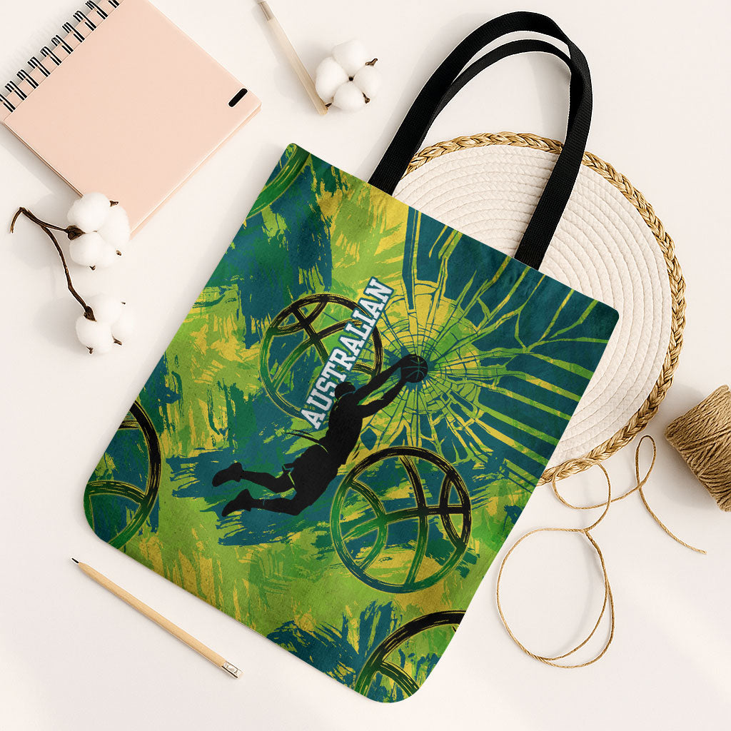 Australian Boomers Basketball Tote Bag Shattered Glass Effect With Flaming Ball And Grunge Brushstrokes