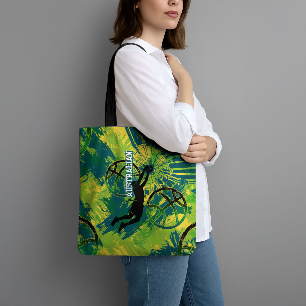 Australian Boomers Basketball Tote Bag Shattered Glass Effect With Flaming Ball And Grunge Brushstrokes