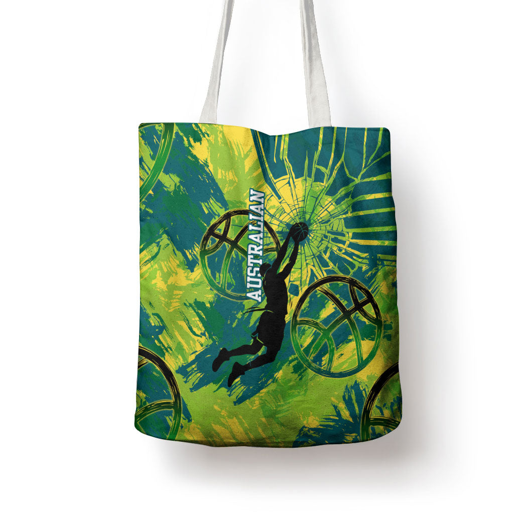 Australian Boomers Basketball Tote Bag Shattered Glass Effect With Flaming Ball And Grunge Brushstrokes