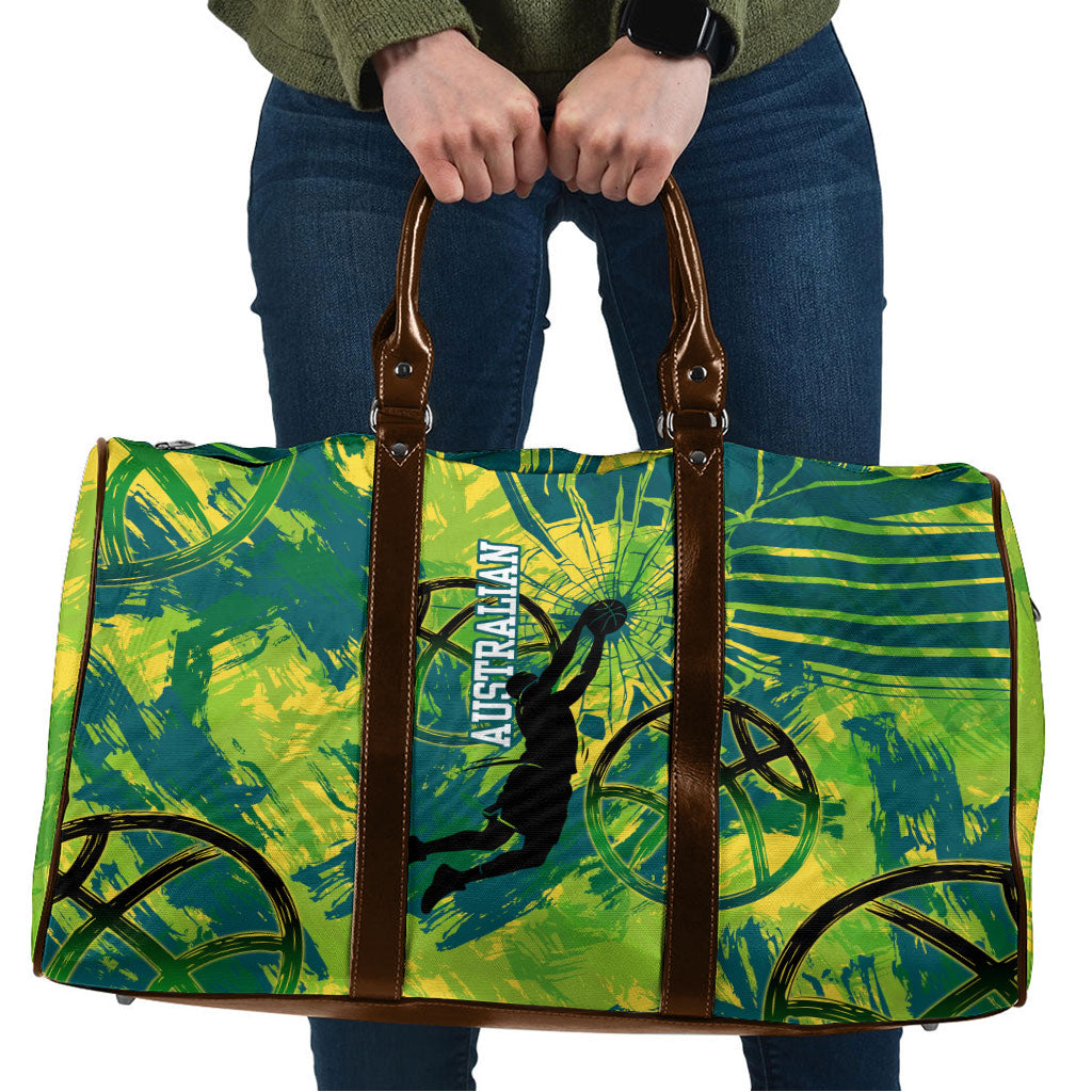 Australian Boomers Basketball Travel Bag Shattered Glass Effect With Flaming Ball And Grunge Brushstrokes