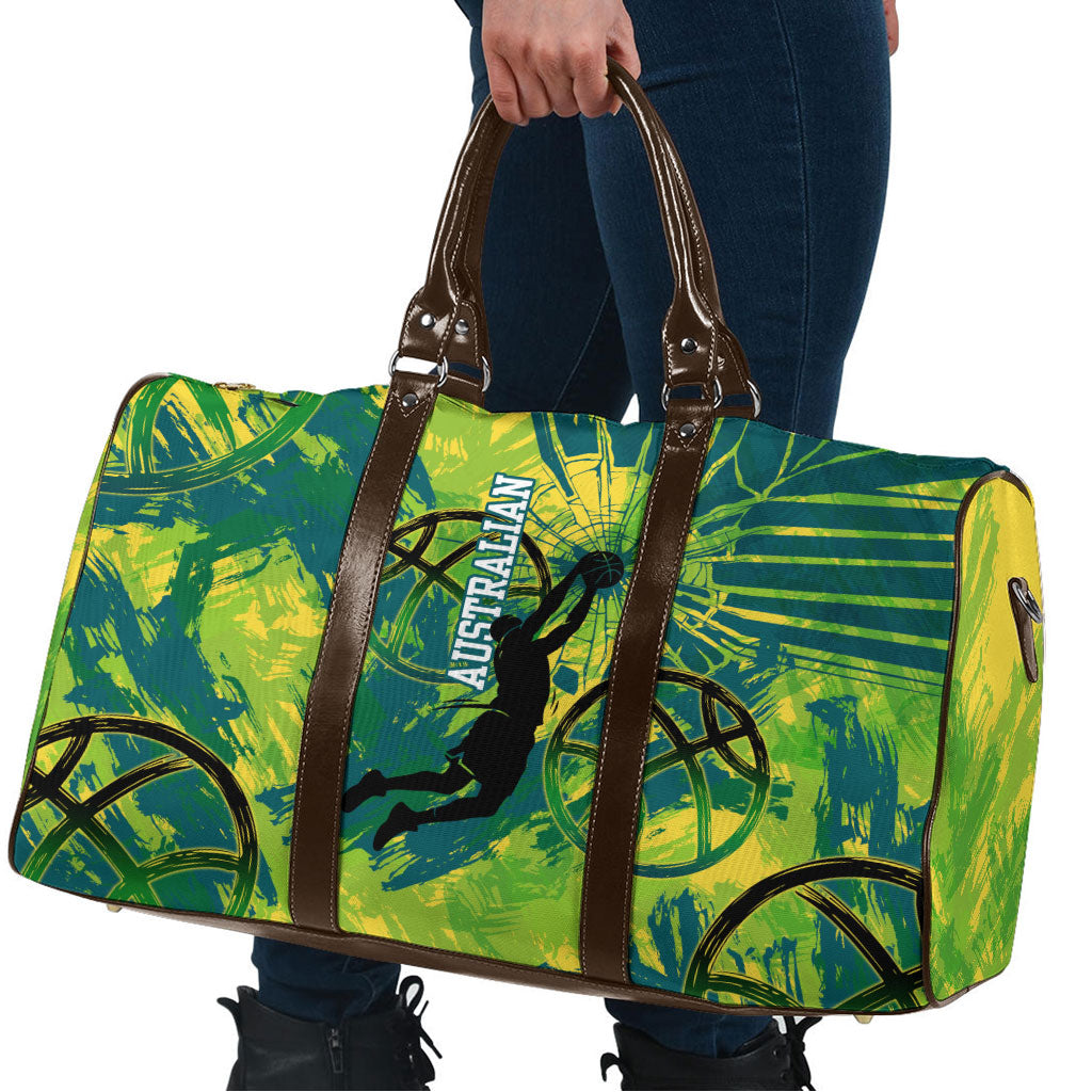 Australian Boomers Basketball Travel Bag Shattered Glass Effect With Flaming Ball And Grunge Brushstrokes