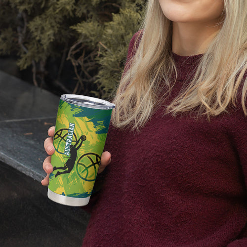 Australian Boomers Basketball Tumbler Cup Shattered Glass Effect With Flaming Ball And Grunge Brushstrokes