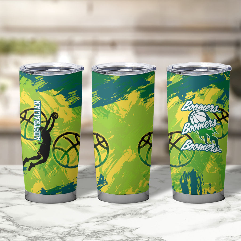 Australian Boomers Basketball Tumbler Cup Shattered Glass Effect With Flaming Ball And Grunge Brushstrokes