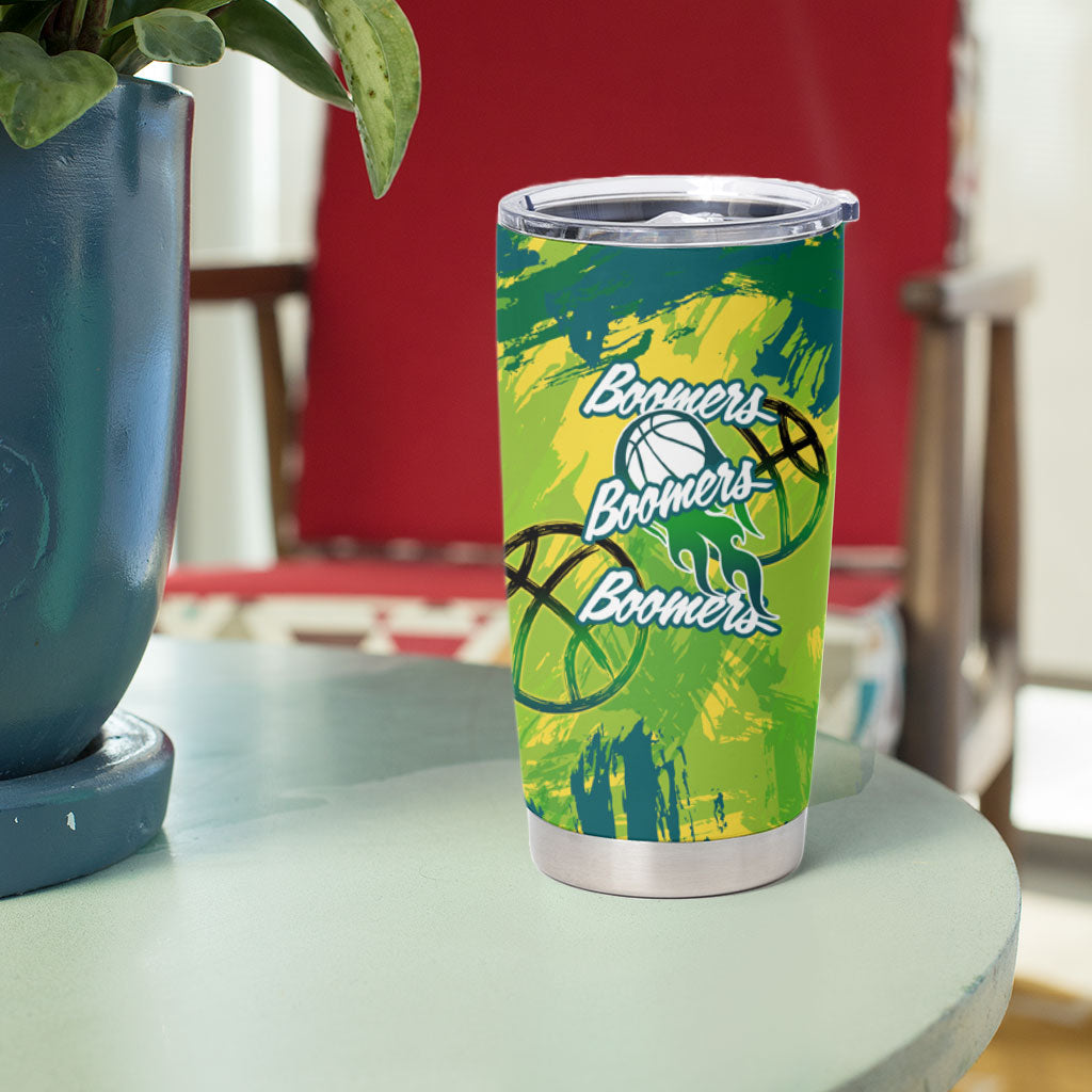 Australian Boomers Basketball Tumbler Cup Shattered Glass Effect With Flaming Ball And Grunge Brushstrokes