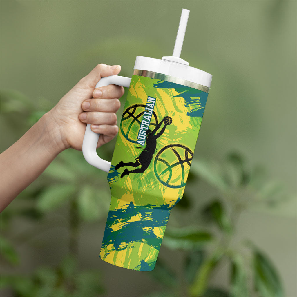 Australian Boomers Basketball Tumbler With Handle Shattered Glass Effect With Flaming Ball And Grunge Brushstrokes