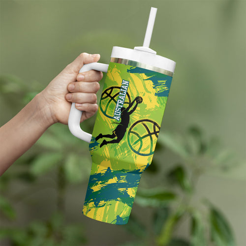 Australian Boomers Basketball Tumbler With Handle Shattered Glass Effect With Flaming Ball And Grunge Brushstrokes