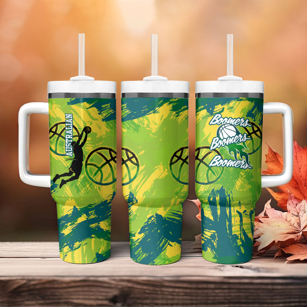 Australian Boomers Basketball Tumbler With Handle Shattered Glass Effect With Flaming Ball And Grunge Brushstrokes