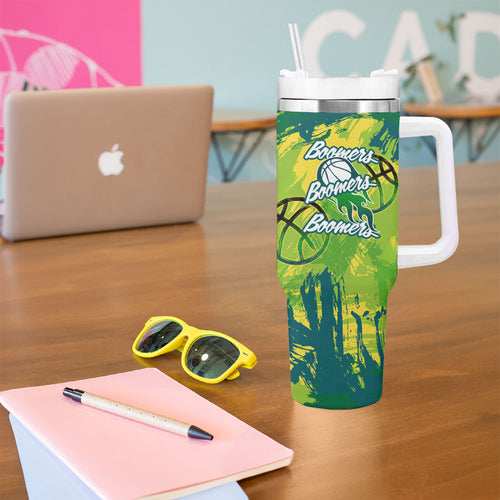 Australian Boomers Basketball Tumbler With Handle Shattered Glass Effect With Flaming Ball And Grunge Brushstrokes