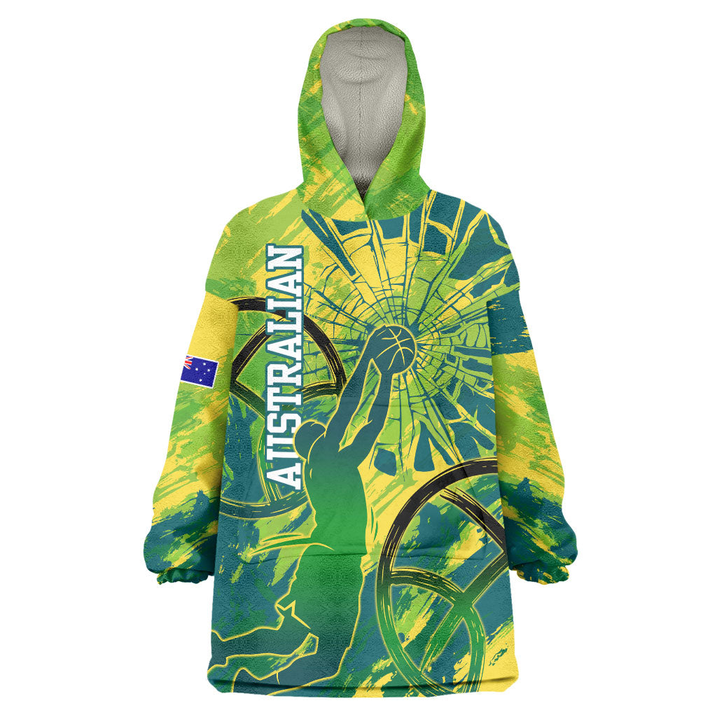 Australian Boomers Basketball Wearable Blanket Hoodie Shattered Glass Effect With Flaming Ball And Grunge Brushstrokes