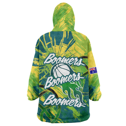 Australian Boomers Basketball Wearable Blanket Hoodie Shattered Glass Effect With Flaming Ball And Grunge Brushstrokes